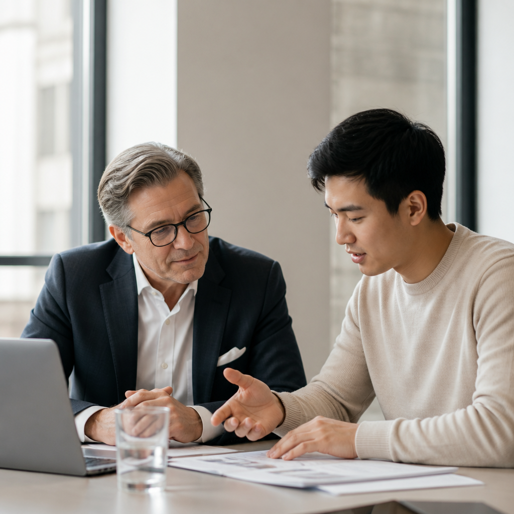 A company executive and a student reviewing a presentation together at a table