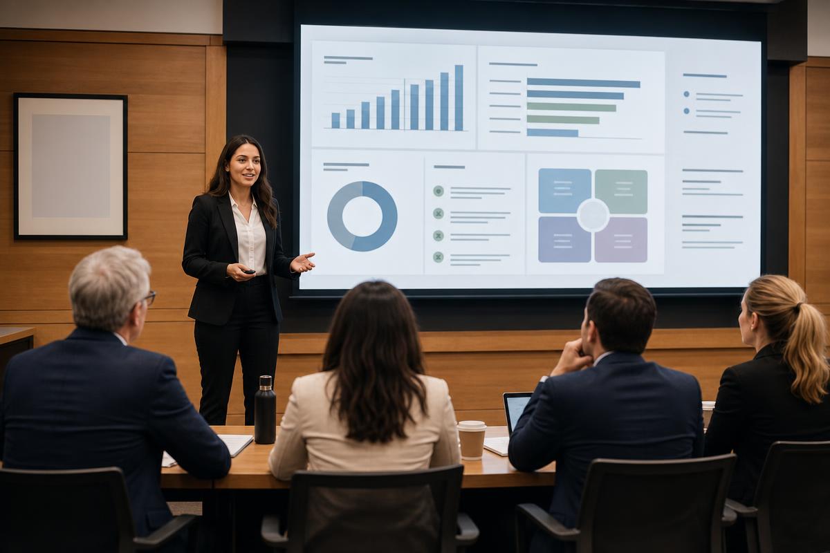 A confident student presenting a capstone project to faculty and company representatives in a modern university classroom