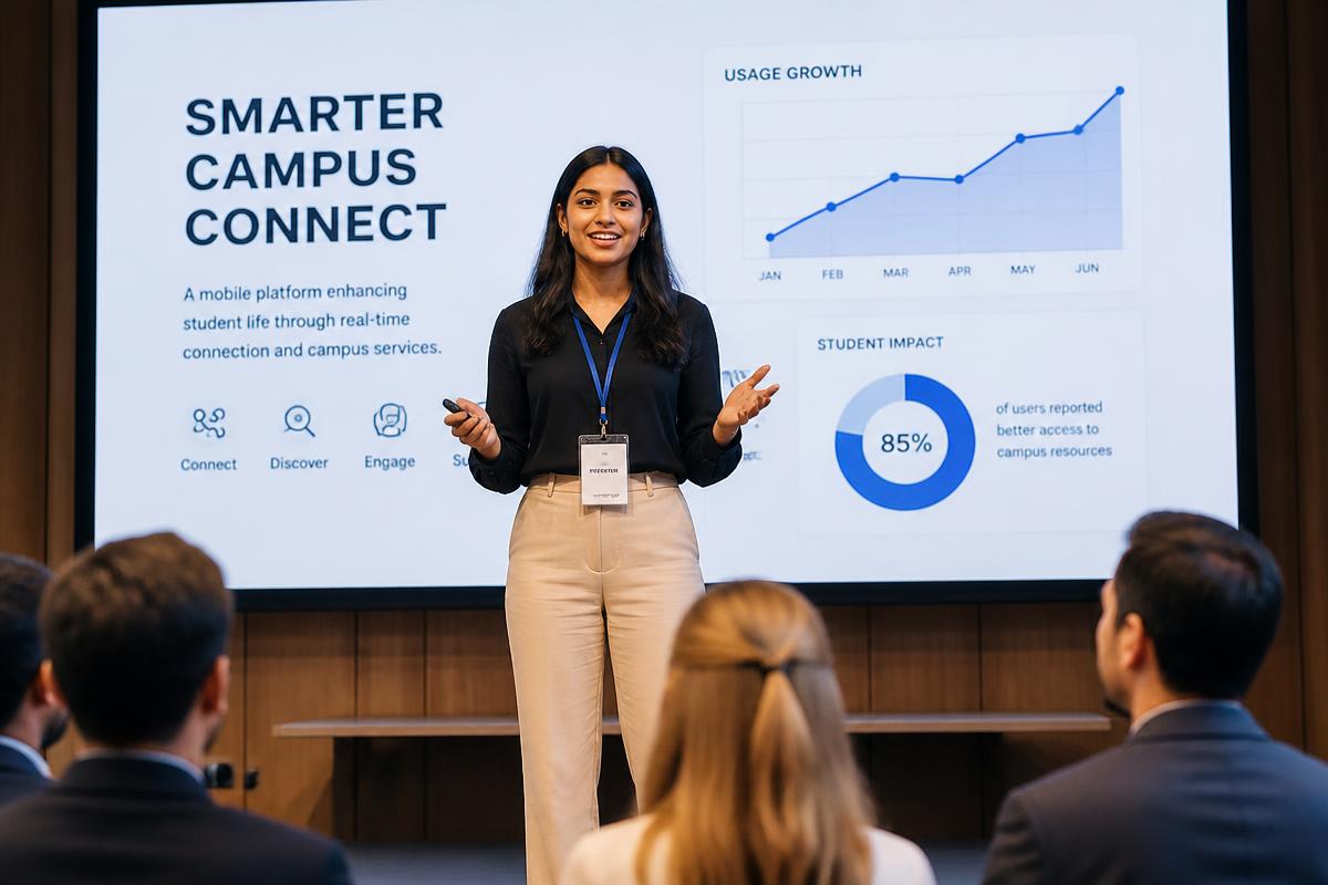College student confidently presenting a Proof of Value project to an audience