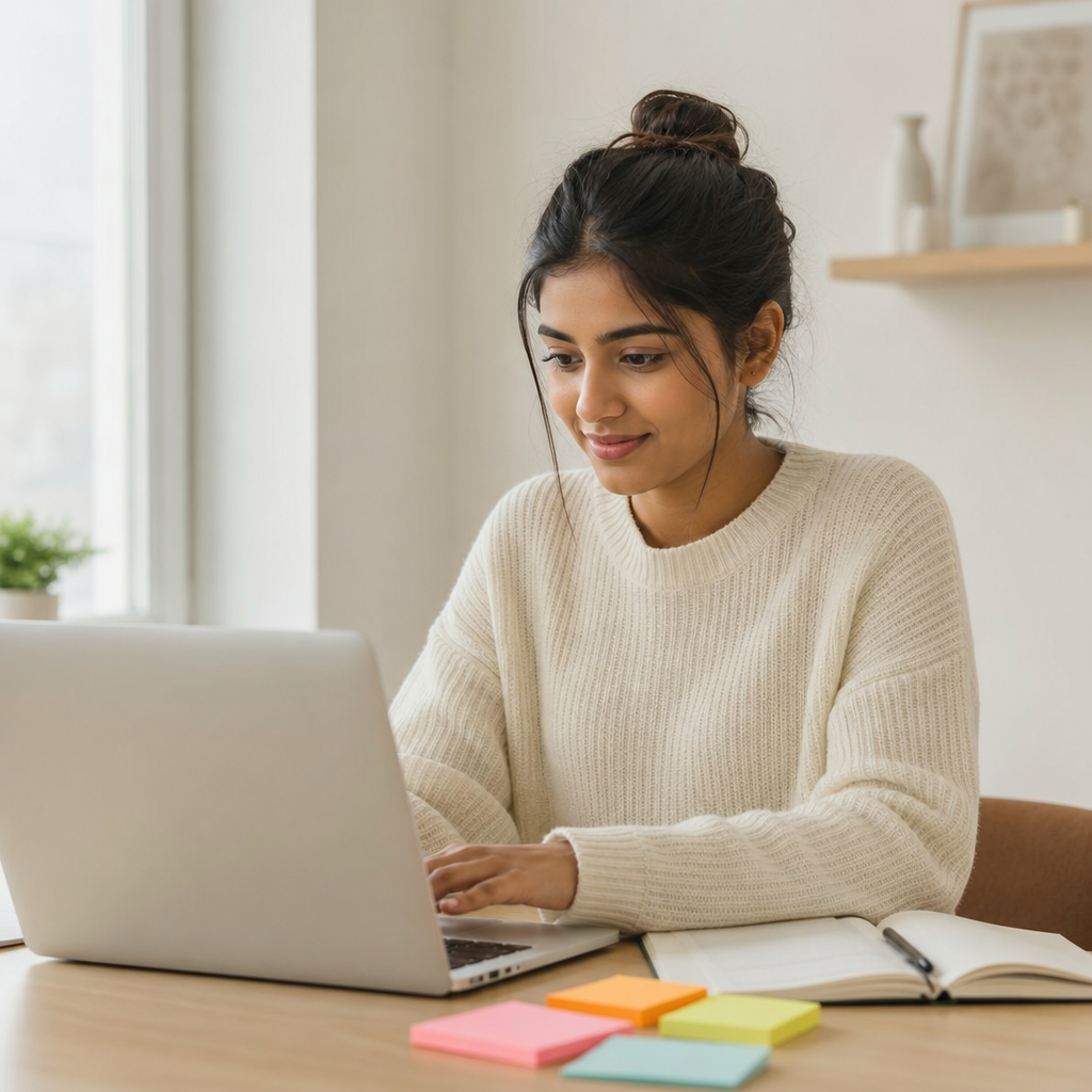 A university student working on a laptop with sticky notes and a notebook on her desk