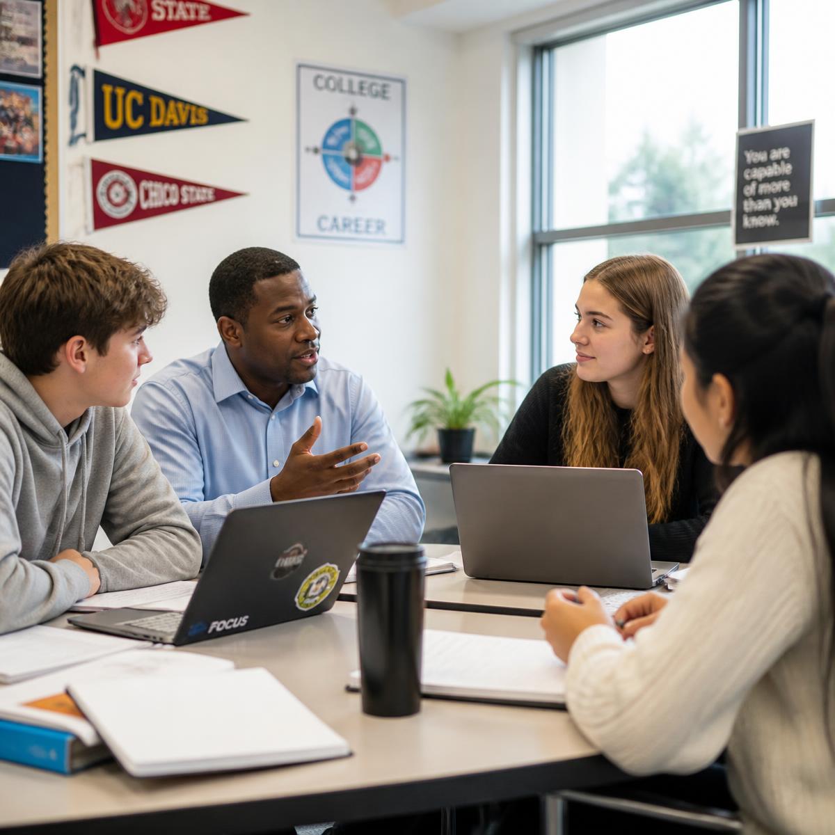 A high school counselor working through a real-world project with a small group of students